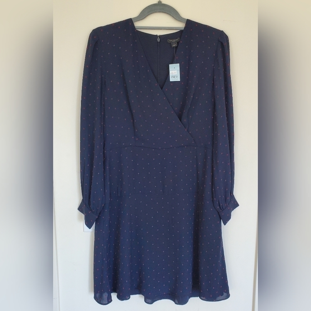 Ann Taylor Blue Chiffon Polka Dots V-Neck NWT